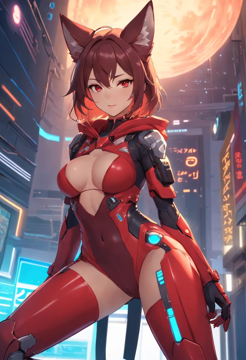 Futuristic red wolf suit, woman, futuristic thing on it, full body, trending on artstation, highly detailed, by WLOP, sharp focus, studio photo, intricate details, beautiful lighting ((gigantic tits)) ((big nipples)) ((pussy)) knee high boots, hood, black gloves, bracelets jewelry coker,