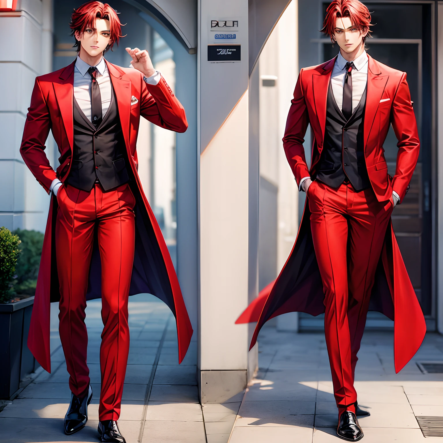 Anime fullbody hot good-looking male in luxurious red suit