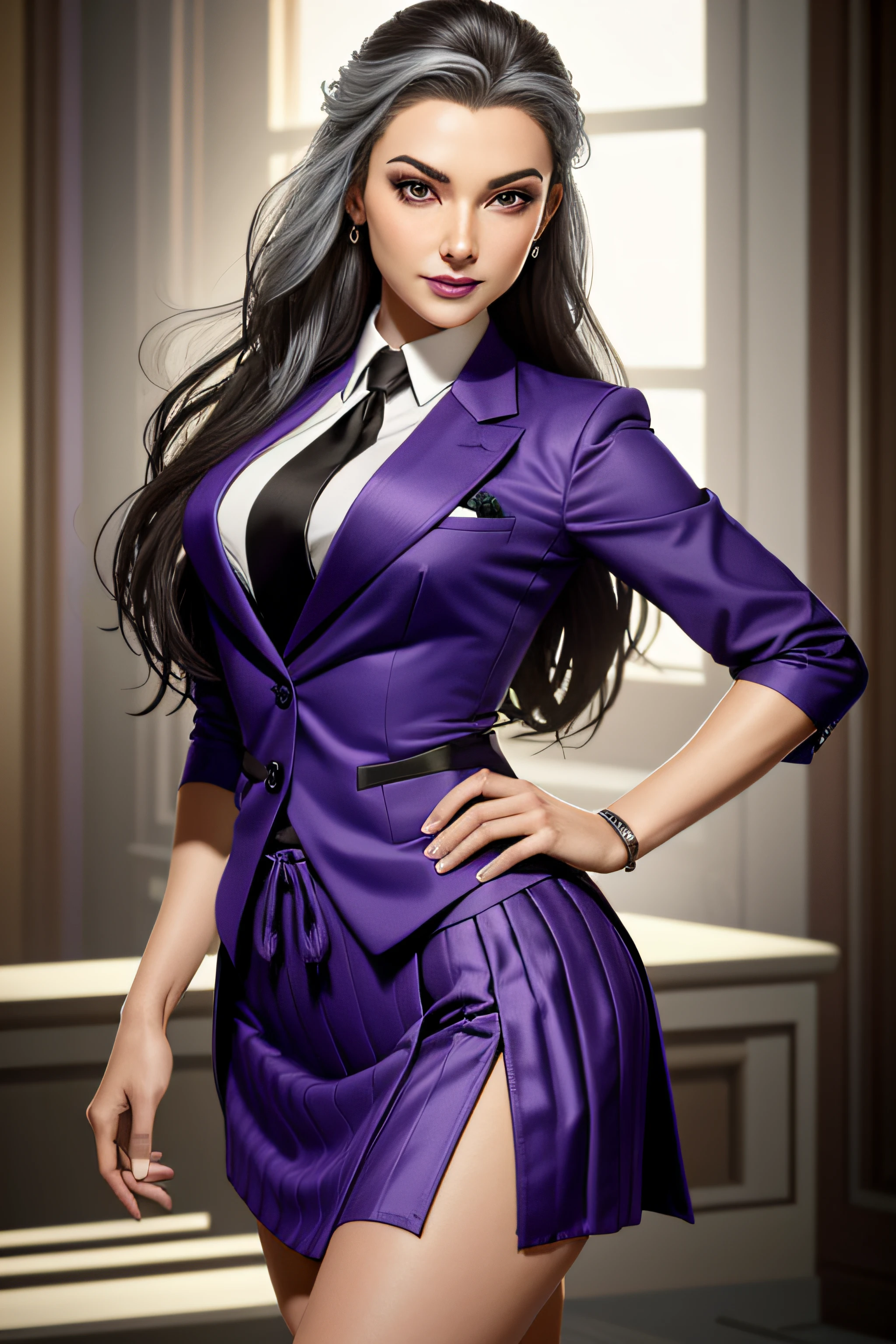 (masterpiece, best quality)
MortalSindel, 1 woman, mature, milf, solo, long hair, looking at viewer, smile, (((skirt suit))), (((three-piece suit))), dress shirt, (((necktie))), (((blazer))), (((suit jacket))), (((waistcoat))), double-breasted waistcoat, (((bodycon miniskirt))), (((pencil skirt))), upper body, grey hair, lips, makeup, lipstick, nose, purple lips