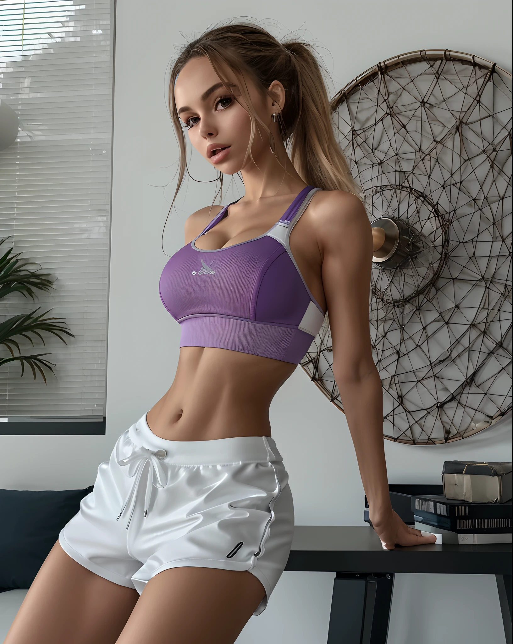 Mulher de top roxo e shorts brancos posando para uma foto, sport bra and shorts, menina em forma, bra and shorts streetwear, Menina sexy usando shorts, Corpo Perfeito, modelo fitness, corpo e rosto perfeitos, corpo atraente, corpo tonificado, foto de modelo de menina slim, cintura - tiro, Retrato Sophie Mudd, Encaixe figura delicada, corpo sexy