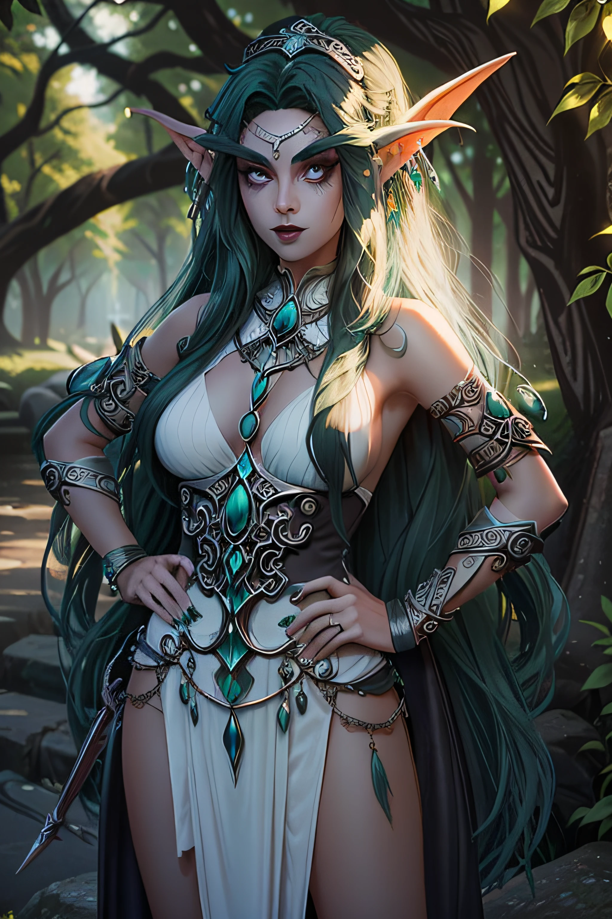 (masterpiece, best quality) WOWTyrande, 1girl, solo, long hair, breasts, looking at viewer, dress, bare shoulders, jewelry, medium breasts, green eyes, weapon, earrings, green hair, pointy ears, nail polish, hand on hip, makeup, glowing, lipstick, elf, black nails, armlet, colored sclera, bow (weapon), white eyes, black lips, green lips, long pointy ears