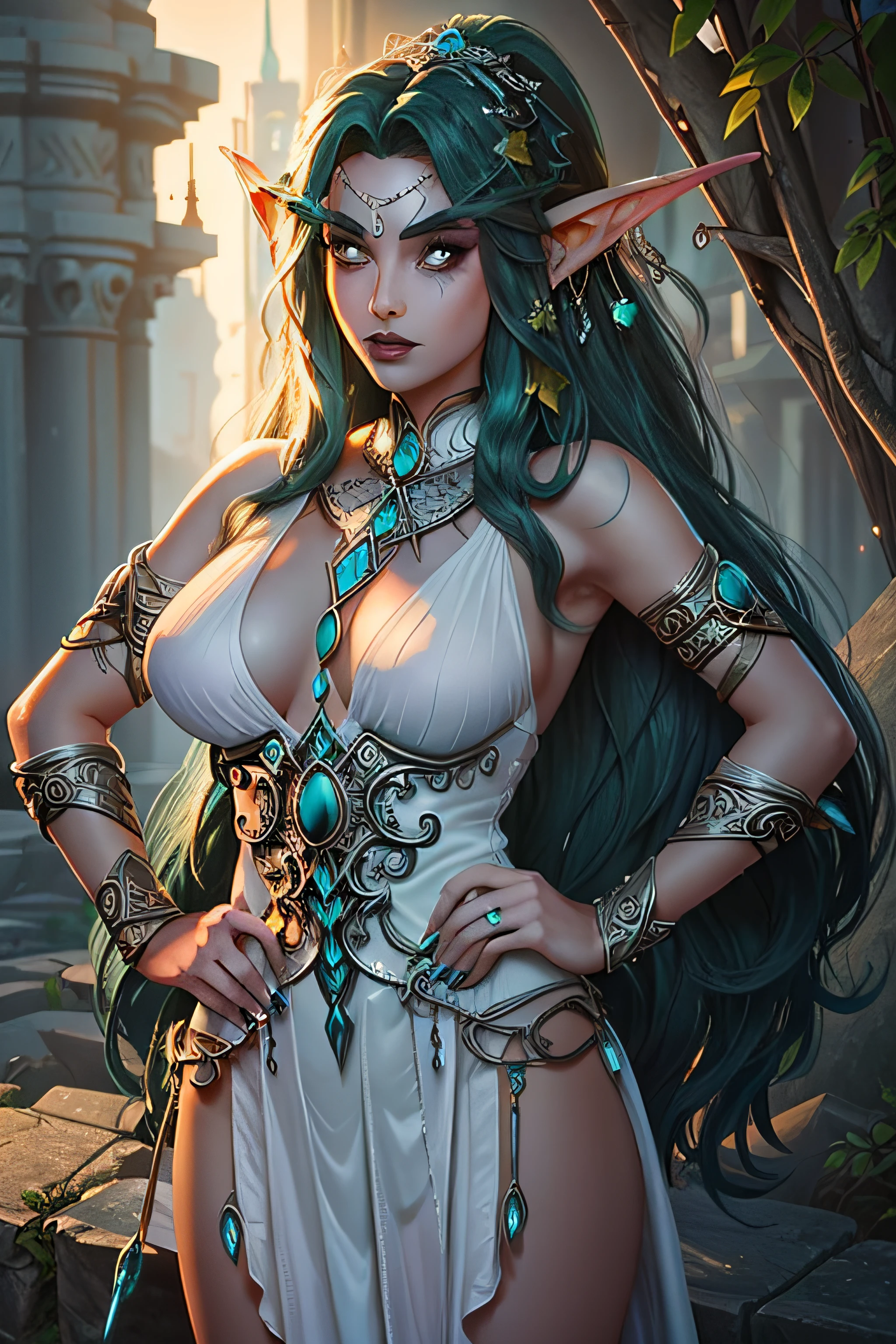 (masterpiece, best quality) WOWTyrande, 1girl, solo, long hair, breasts, looking at viewer, dress, bare shoulders, jewelry, medium breasts, green eyes, weapon, earrings, green hair, pointy ears, nail polish, hand on hip, makeup, glowing, lipstick, elf, black nails, armlet, colored sclera, bow (weapon), white eyes, black lips, green lips, long pointy ears