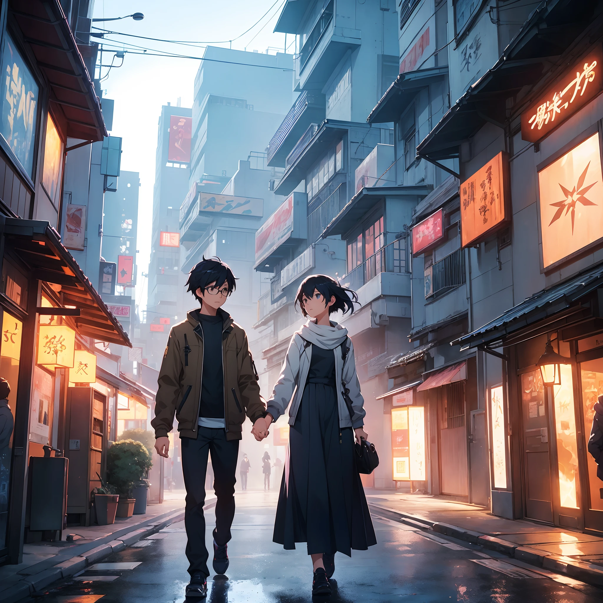 1 girl and 1 boy, they are walking down the street holding hands, A boy wears round glasses, a boy's hair style is parted in the middle, ross tran and makoto shinkai, artwork in the style of guweiz, inspired by Liam Wong, makoto shinkai cyril rolando, guweiz and makoto shinkai, tokyo anime scene, loish and ross tran, sakimichan and makoto shinkai