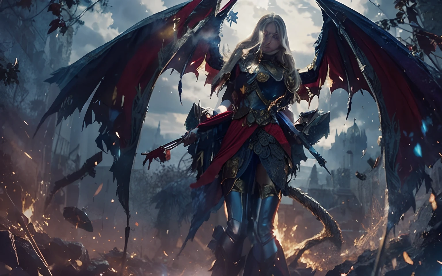 A European girl with heavy makeup, heroic and sassy, blue-purple eyes, light blonde shawl long hair, golden gorgeous armor, medieval armor carving, red phoenix gilded cape
