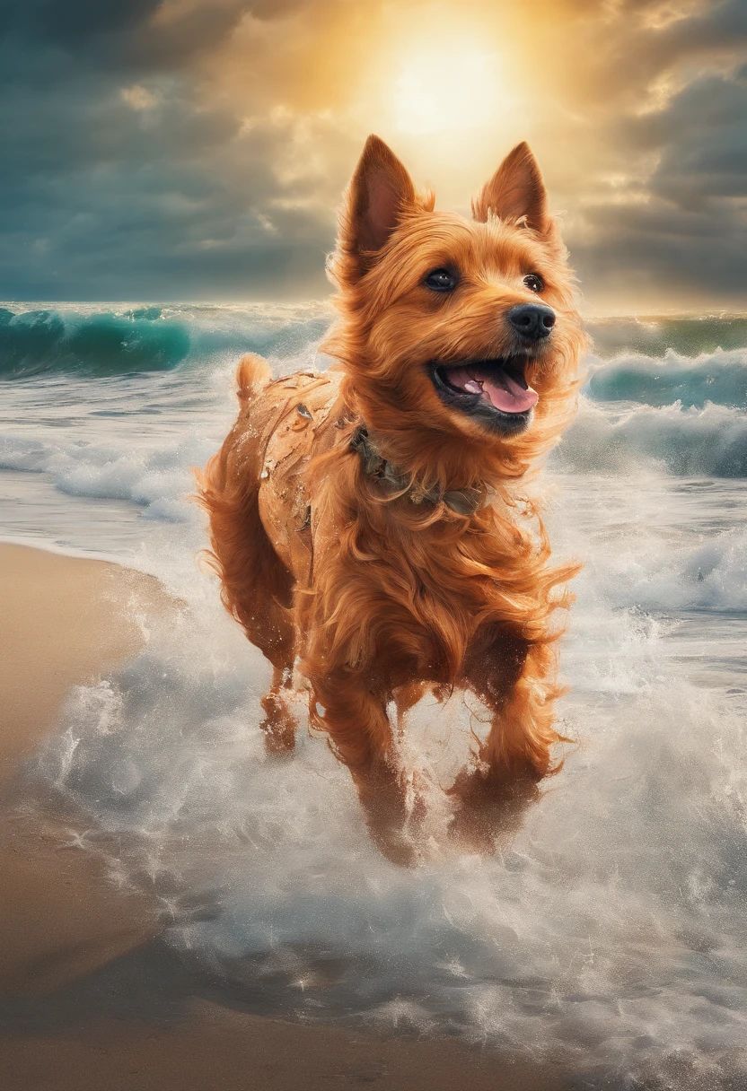 Masterpiece Level, Amazing style, A red dog of the Norwich Terrier breed runs along the seashore, The bright sun is shining, The spray of the waves shimmers in the light, Two dolphins can be seen from the water