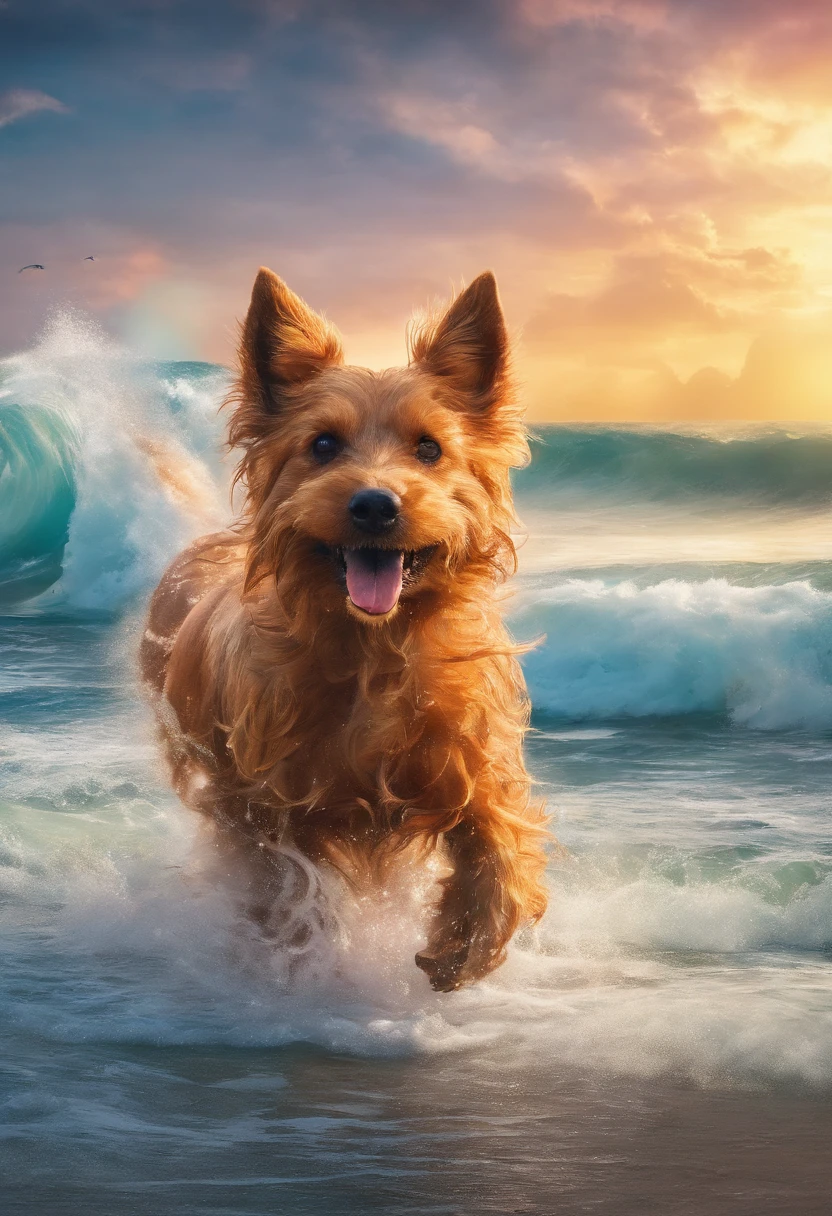 Masterpiece Level, Amazing style, A red dog of the Norwich Terrier breed runs along the seashore, The bright sun is shining, The spray of the waves shimmers in the light, Two dolphins can be seen from the water