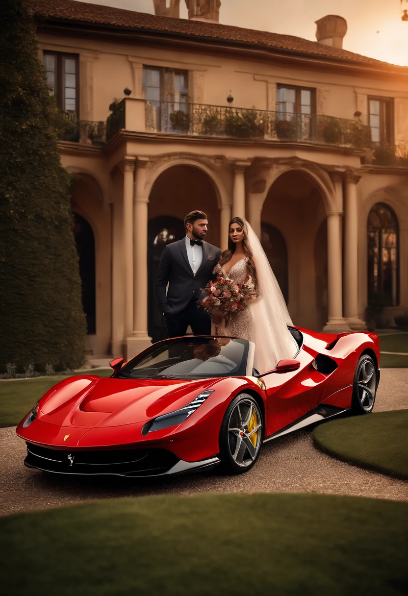(realistic,photorealistic:1.37),(millionaire couple:1.1),standing together,(in front of a Ferrari F8:1.1) and a mansion with a garden,(detailed,richly detailed),(sunlit lighting),(8k resolution,and HDR effect),(warm tones),(rich atmosphere).