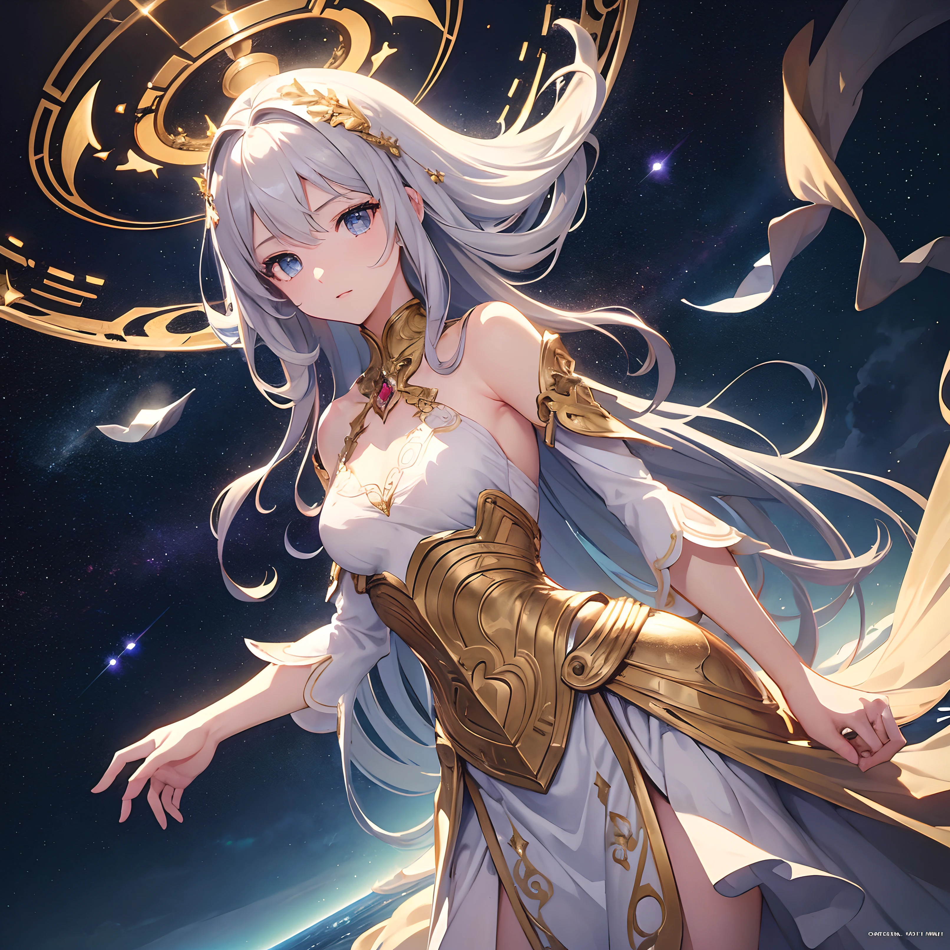 ((masterpiece)), ((best quality)), ((illustration)), extremely detailed, style girl, long shot, small breast, light grey very long hair, dynamic hair, beautiful detailed deep eyes, glowing planet rings around her head, simple gold silk dress, beautiful detailed sky, beautiful detailed water, cinematic lighting, dramatic angle, formal, close to viewer, (an extremely delicate and beautiful),best quality, official art, extremely detailed CG unity 8k wallpaper, ((starry sky)), star river,array stars, ((wallpaper 8k CG)), (realistic), Concept Art, dynamic fuzziness, beautiful and aesthetic, intricate light, manga and anime