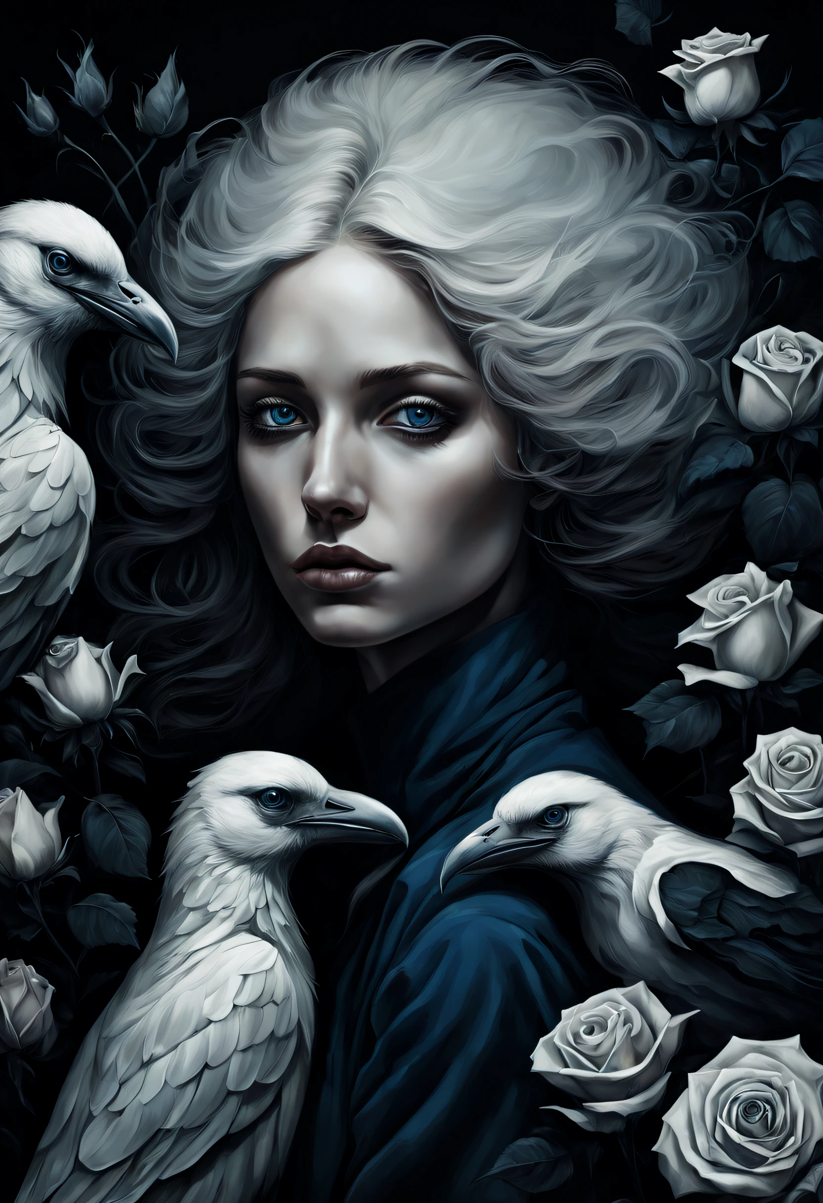 chiaroscuro technique on sensual illustration Illustration art, by IrinaKapi. Surrealism, abstraction, blue eyes girl with white raven and black roses, ultra details oh clothes, best quality, masterpiece, painting, concept art, emotionally, atmospheric, aesthetics of romanticism, represent transformation and the ability to see beyond the surface, hint of dramatic light