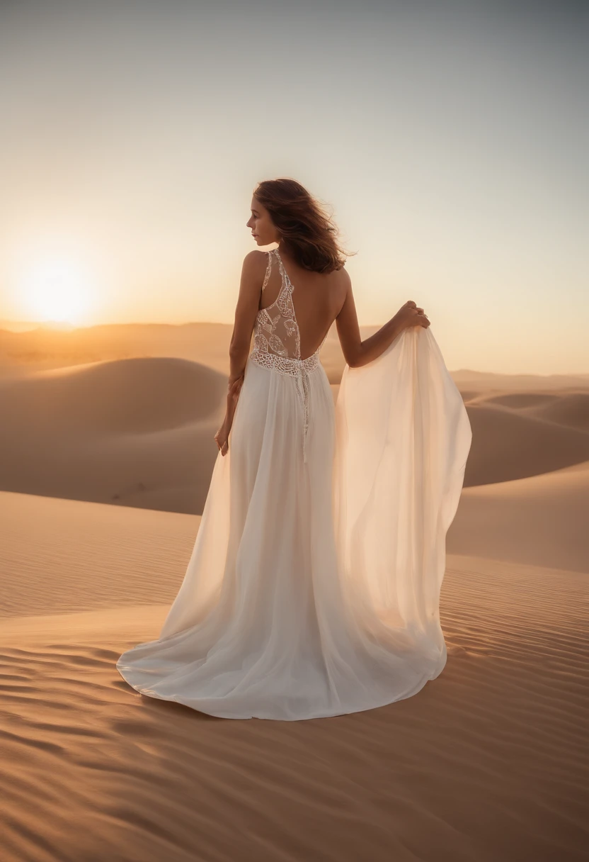 A woman in a tight white silk dress standing on a sand dune in the middle of a vast desert, halo de pintura de luz no fundo, pintura de luz, amazing lighting effect, arte da luz, beautiful lighting effects, tinta clara, pintura de luz difusa, anamorphic flares, luminescente de pintura luminosa, halo de fogo luminoso, flares anamorphic, Creative lighting, epic lighting effects, awesome greate composition, colocar um perfume em primeiro plano