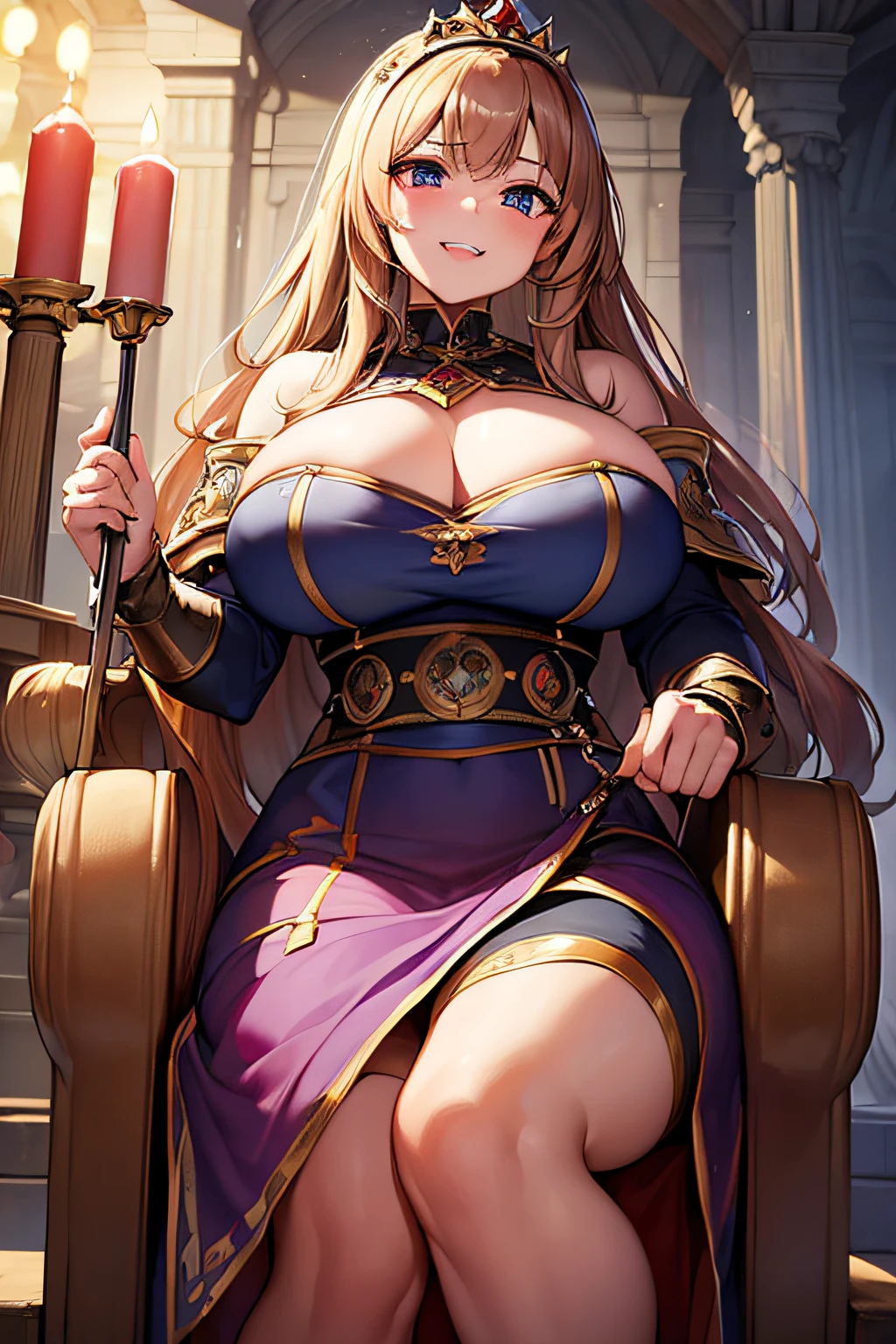 (masterpiece:1.2), (best quality:1.2), (((masterpiece))), (((best quality))), illustration, perfect eyes, perfect face, beautiful dwarf queen, dwarf armour, royal dress, crown , (massive tit), best quality, sharp even fangs , teeth ,light, throne room, cave