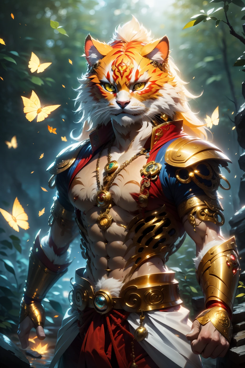 Nebur Belmont,Masterpiece, (Ultra Detailed), (Animal Anthropomorphism), pirate and steampunk Theme, Cat, Handsome, en pose de lucha,, atletic body, Cabello Blanco , ojos dorados, Como Ken Masters , en bosque majestuoso con cascadas , lluvioso , Mariposas ((Bokeh ligero)), intrincado, (acero metal [reposo]), elegante, foco nítido, , Soft lighting, colores vibrantes, (Obra maestra), ((bosque)), (Cara detallada), vendimia, dynamic，, cuerpo completo, small smile, Cabello largo, Cara voluble, Perfect anatomy,Cara ruda, Impeccable art line, acuarela, colored pencils, alta calidad, detalle,