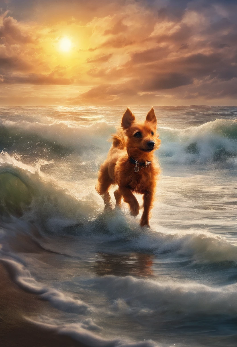 Very detailed background, Masterpiece, With the best quality, A red dog with a black back of the Norwich Terrier breed runs along the seashore, The bright sun is shining, The spray of the waves shimmers in the light, Two dolphins can be seen from the water