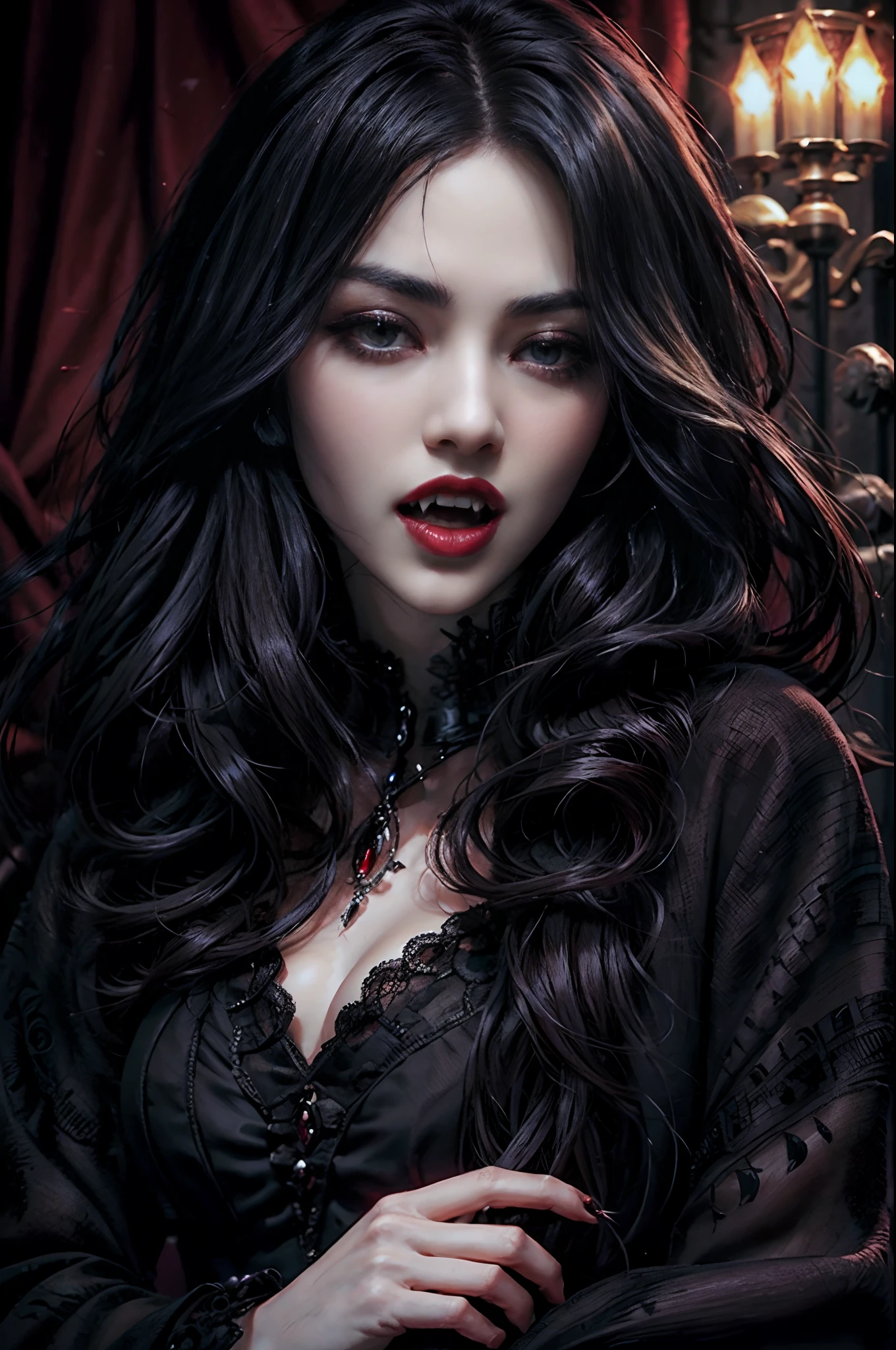 Close up, portrail of a beautiful lady vampires, open mouth showing very long fangs, ready to bite the viewer, crystal amethyst eyes, red lips, long wavy hair, very black hair. Elegant dress, highly detailed,