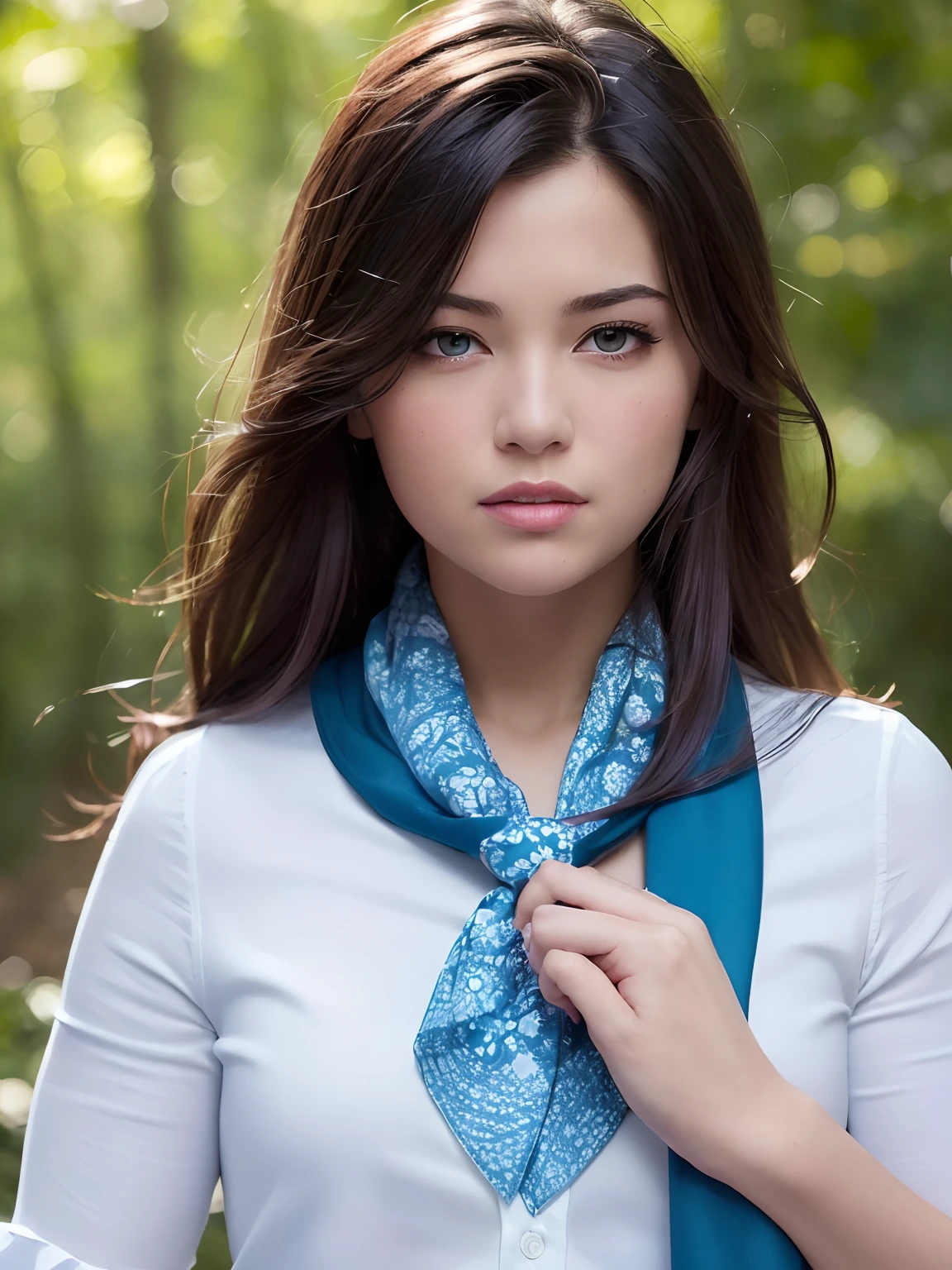 (best quality, highres, ultra-detailed, realistic:1.37),HDR,professional,sharp focus,portraits,studio lighting,blue and white foulard,girl scout,determined,leaves,forest,exploring,adventurous,vivid colors,bokeh,summer sunlight,blurred background.