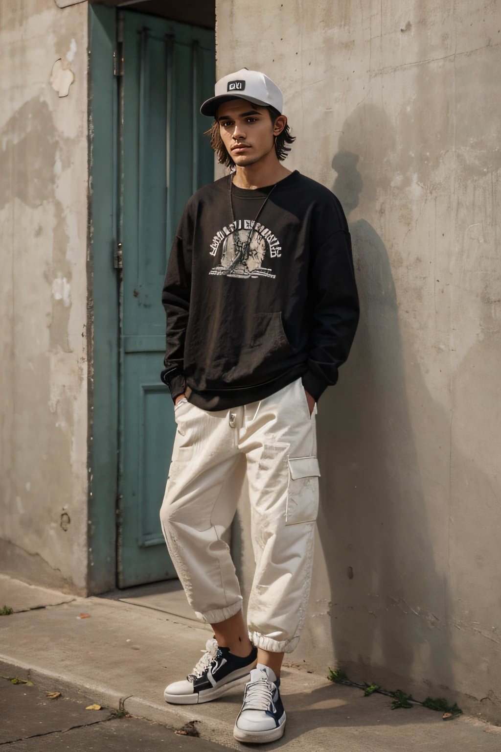 modelo masculino bonito, rosto masculino, cabelo curto, olhos claros, magro, with black cap on his head, hands in a pocket, Black high-top sneakers, light beige baggy pants, encostado em uma parede de tijolos antiga, com uma blusa preta larga estampada com um desenho animado colorido verde cana, fotografia, realista, natural, corpo inteiro, standingn, streetwear, Grunge, industrial.