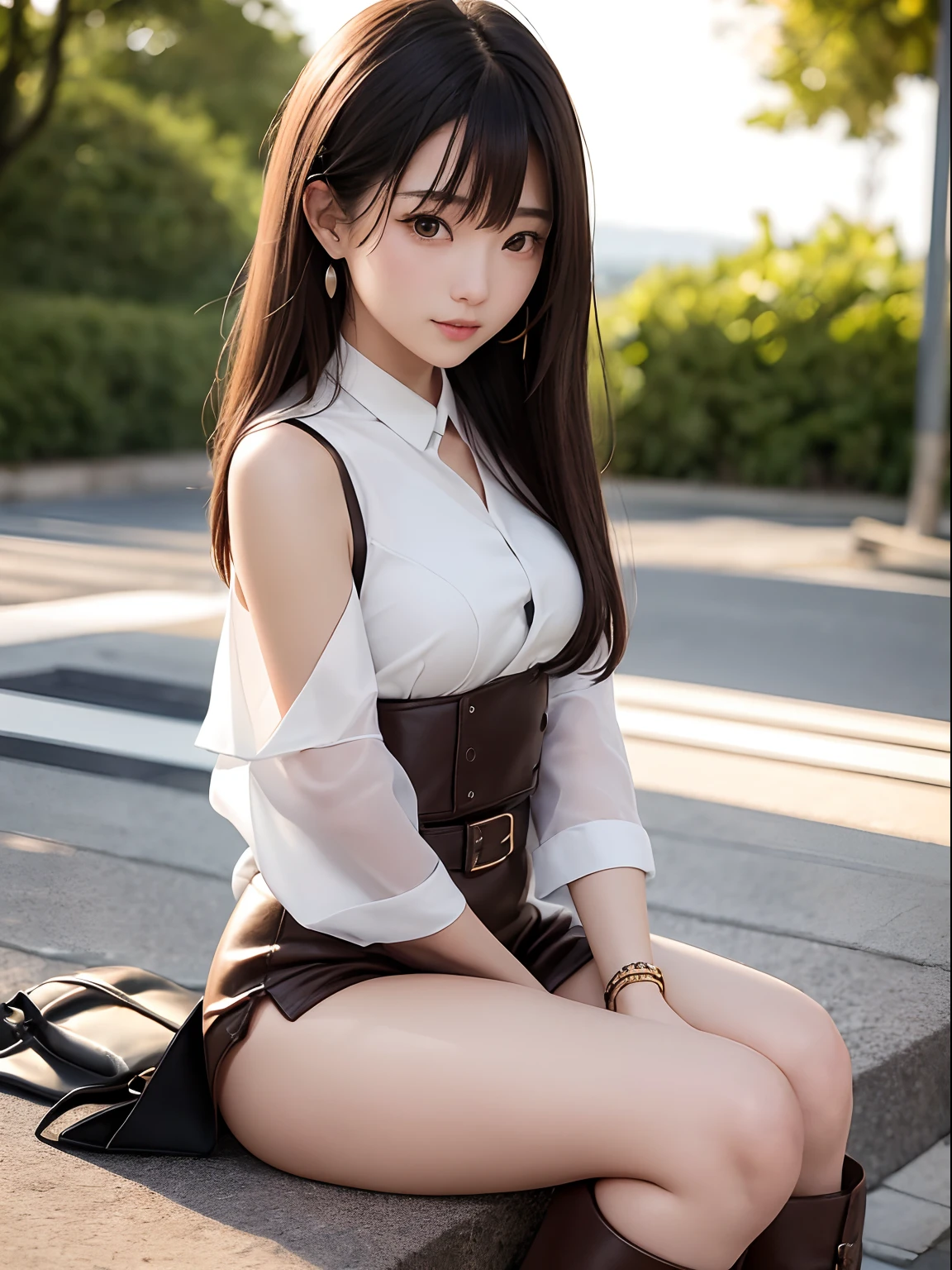 a park、sitting in a bench、Sunnyday、Skysky、girl with、Korean Makeup、Laughing、Beautiful、large full breasts、Show 、slim figure、Live action、hyperdetailed face、A detailed eye、二重まぶた 、20yr old、Slim body、Beautiful legs、white stockings、