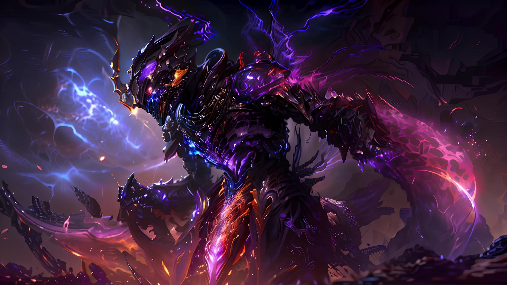 a picture of a man with a purple robe and a purple ball, purple glowing core in armor, league of legends character, nocturne from league of legends, trending on artstation.', league of legends arcane, splash art, aurelion sol, djinn man male demon, style of league of legends, inspired by Huang Shen, extremely detailed artgerm ، الألوان الصويا أرجواني احمر اسود ازرق