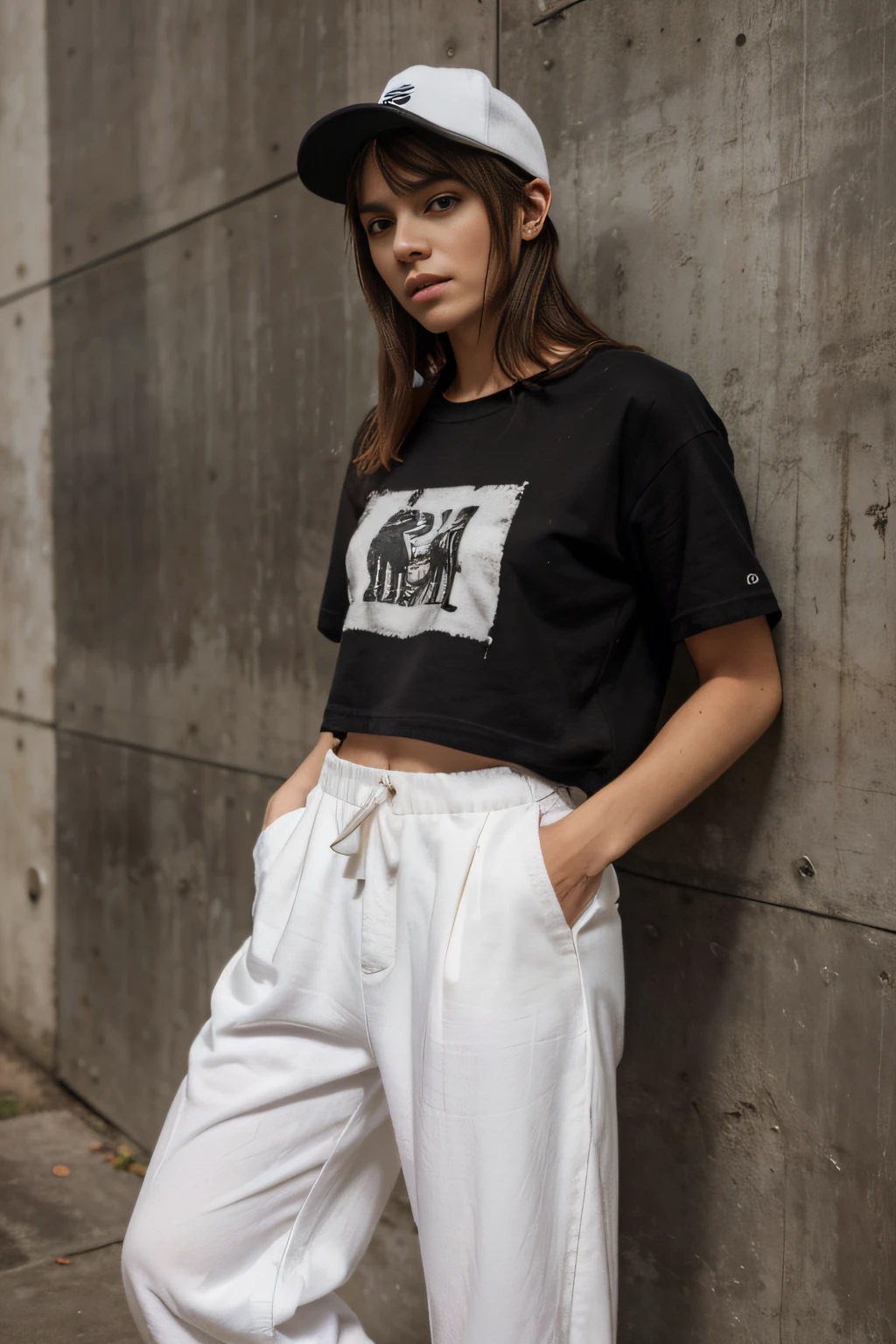 modelo loira magra, with black cap on his head, hands in a pocket, white sneakers, Wide pants, encostada em uma parede descascando, com uma blusa preta larga estampada com um desenho animado verde cana, fotografia, realista, natural, corpo inteiro, standingn, streetwear, Grunge, industrial.