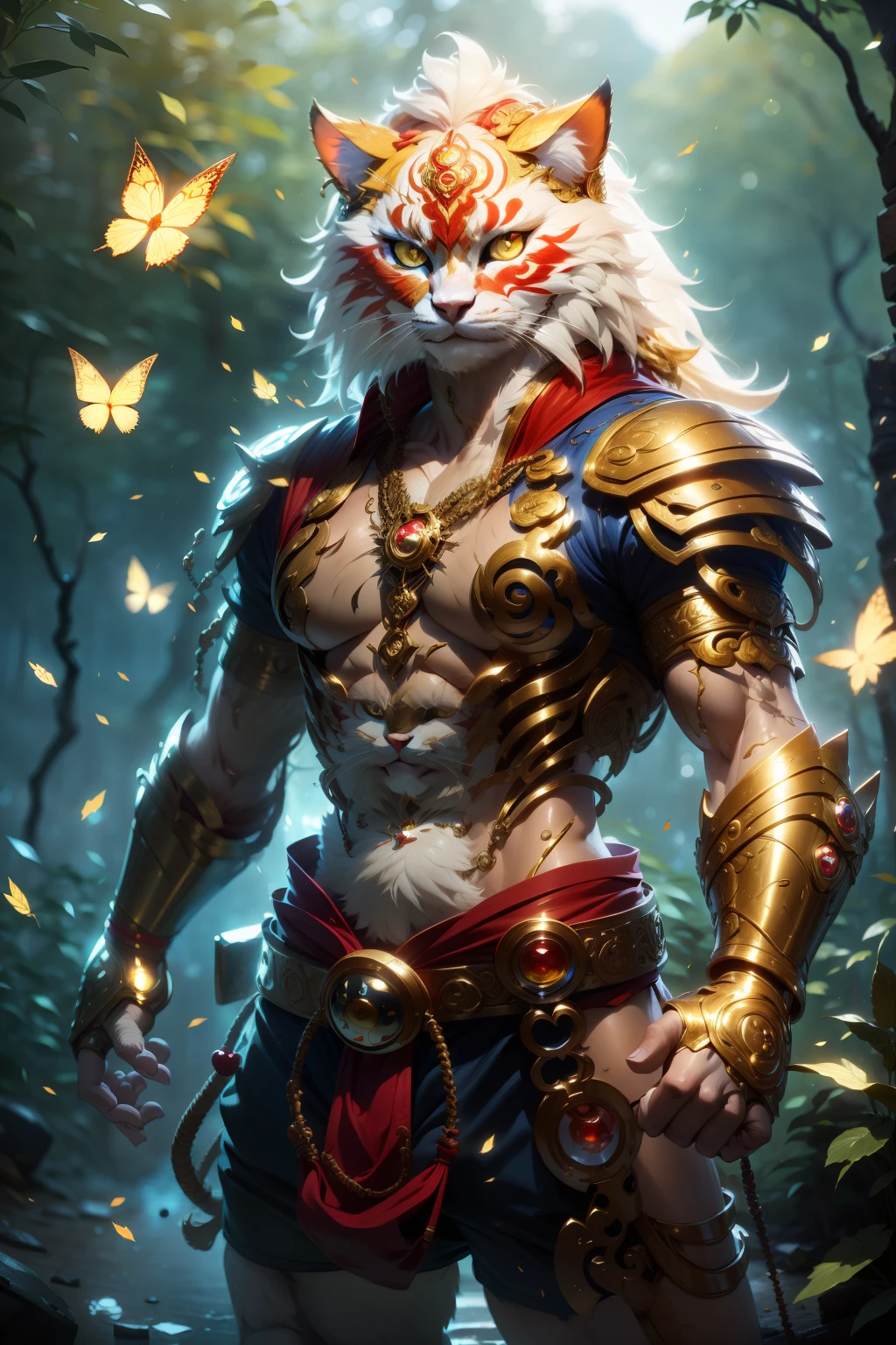 Nebur Belmont,Masterpiece, (Ultra Detailed), (Animal Anthropomorphism), pirate and steampunk Theme, Cat, Handsome, en pose de lucha,, atletic body, Cabello Blanco , ojos dorados, Como Ken Masters , en bosque majestuoso con cascadas , lluvioso , Mariposas ((Bokeh ligero)), intrincado, (acero metal [reposo]), elegante, foco nítido, , Soft lighting, colores vibrantes, (Obra maestra), ((bosque)), (Cara detallada), vendimia, dynamic，, cuerpo completo, small smile, Cabello largo, Cara voluble, Perfect anatomy,Cara ruda, Impeccable art line, acuarela, colored pencils, alta calidad, detalle,