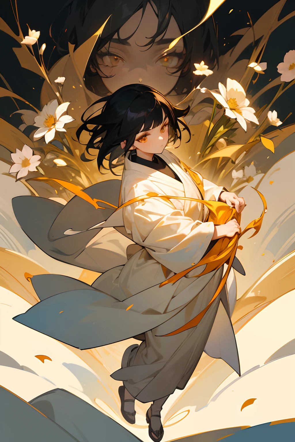 teenage girl, short boys-cut black hair, golden eyes, long white robes, forest, frustrated expression, vividly detailed face, flowers, full body, detailed background