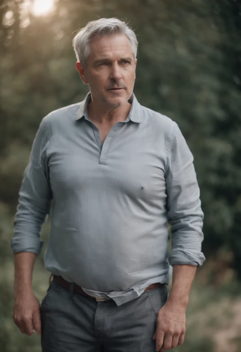 Middle aged man with grey hair and massive bulge in his pants dad bod hyper realistic