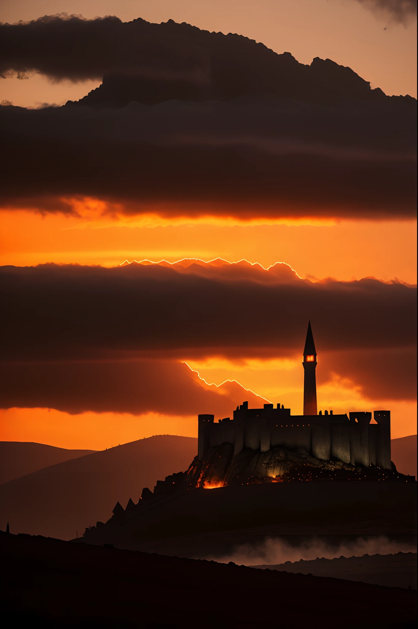 Sauron's fortress, captured for the first time in the foreboding land of Mordor. The towering gates of the fortress are imposing, dark iron encrusted with sharp, malevolent features. The shadowy structure of the fortress looms ominously against a blood-red sky, each tower adorned with fiery braziers that cast an eerie glow onto the rugged landscape. The intimidating aura of the fortress is palpable, the air laden with a foreboding sense of doom as if echoing the dark deeds that transpired within it. The scene must capture Sauron's fortress at twilight, with its imposing silhouette standing starkly against the bloody sunset that drenches the entire image in deep crimson hues. Shot on a Leica SL2 with an f/2.8 aperture to give depth to the scene and portray every menacing detail of the fortress. The lighting should be a twisted version of the Rembrandt Lighting for an artistically sinister portrayal, with nuanced shadows and bone-chilling highlights. The overall quality should mirror the brooding aesthetic of Tolkien's Middle Earth, pervaded with the aura of impending warfare