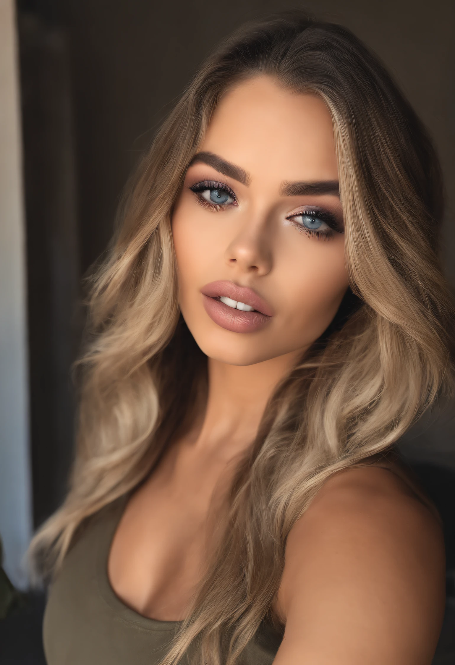 Mujer con camiseta sin mangas y bragas a juego, Chica sexy con ojos azules, Retrato Sophie Mudd, Retrato de Corinna Kopf, cabello rubio y ojos grandes, Selfie de una mujer joven, Ojos en el club Violet Myers, ohne Maquillaje, Maquillaje natural, staring directly into camera, Cara con Artgram, dezentes Maquillaje, Impresionante foto de cuerpo completo, en la calle.