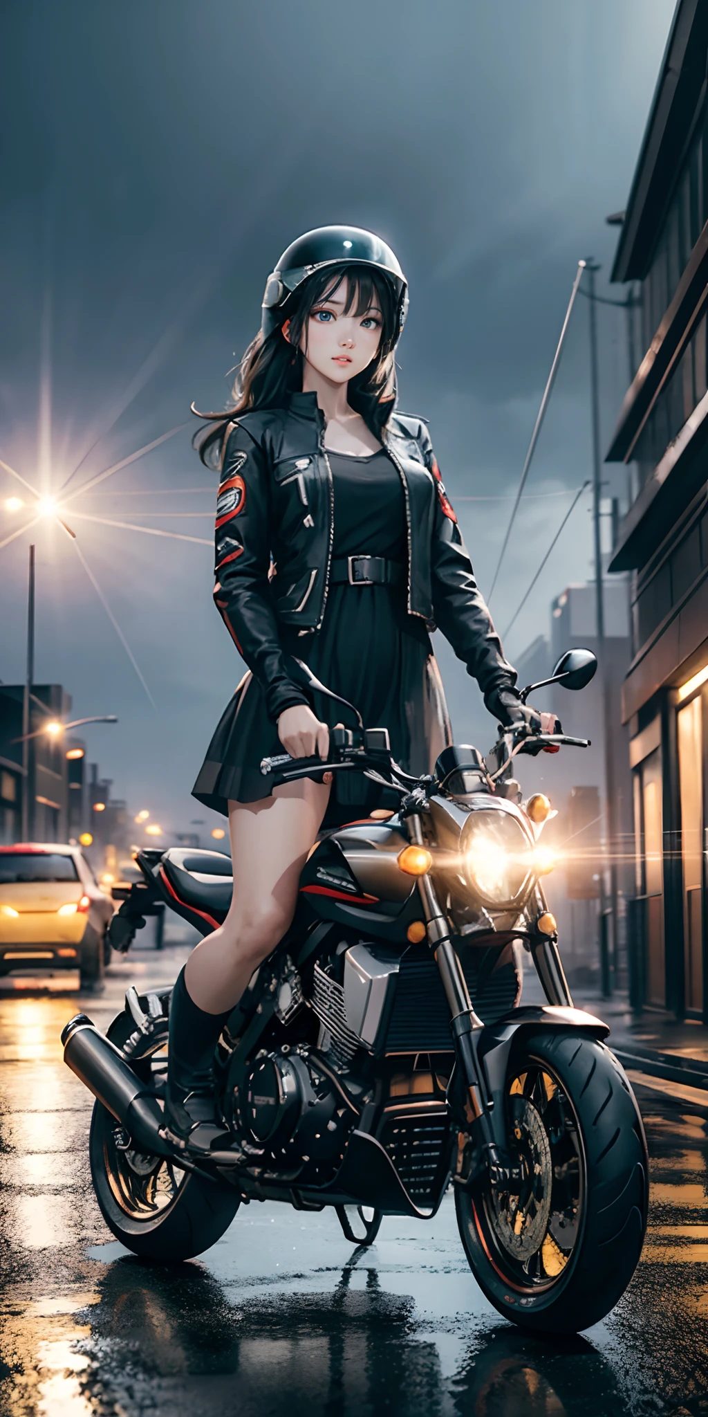 1girl, dress, jacket, rain, ground vehicle, helmet, mecha, motor vehicle, motorcycle, on motorcycle, vehicle focus, wheel, night, road, street, rain, city, puddles, 8k, ultra realistic, lens flare, atmosphere, glow, detailed, intricate, full of colour, cinematic lighting, trending on artstation, 4k, hyperrealistic, focused, extreme details, unreal engine 5, cinematic, Masterpiece, best quality