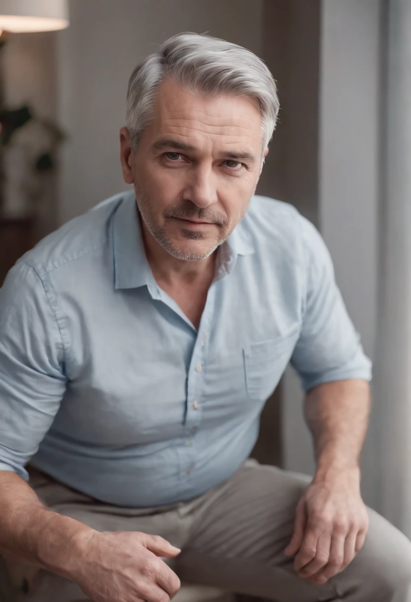 Middle aged man with grey hair and massive bulge in his pants fit body hyper realistic