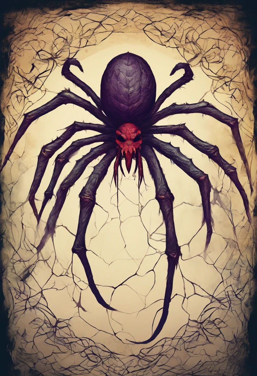 Giant spider creature, venom dripping from it's fangs as it crawls across a tangled weave of interlocking webs