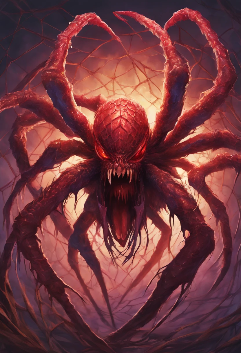 Giant spider creature, venom dripping from it's fangs as it crawls across a tangled weave of interlocking webs