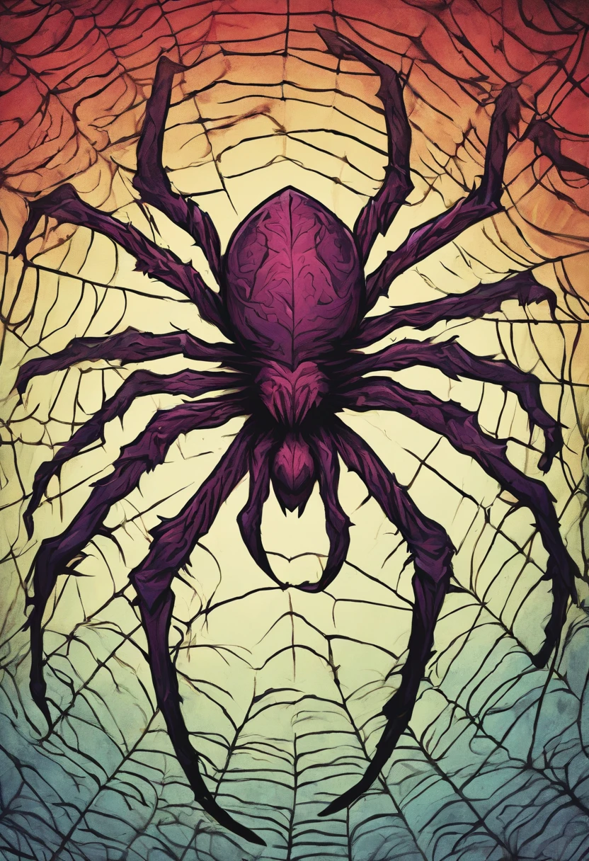 Giant spider creature, venom dripping from it's fangs as it crawls across a tangled weave of interlocking webs
