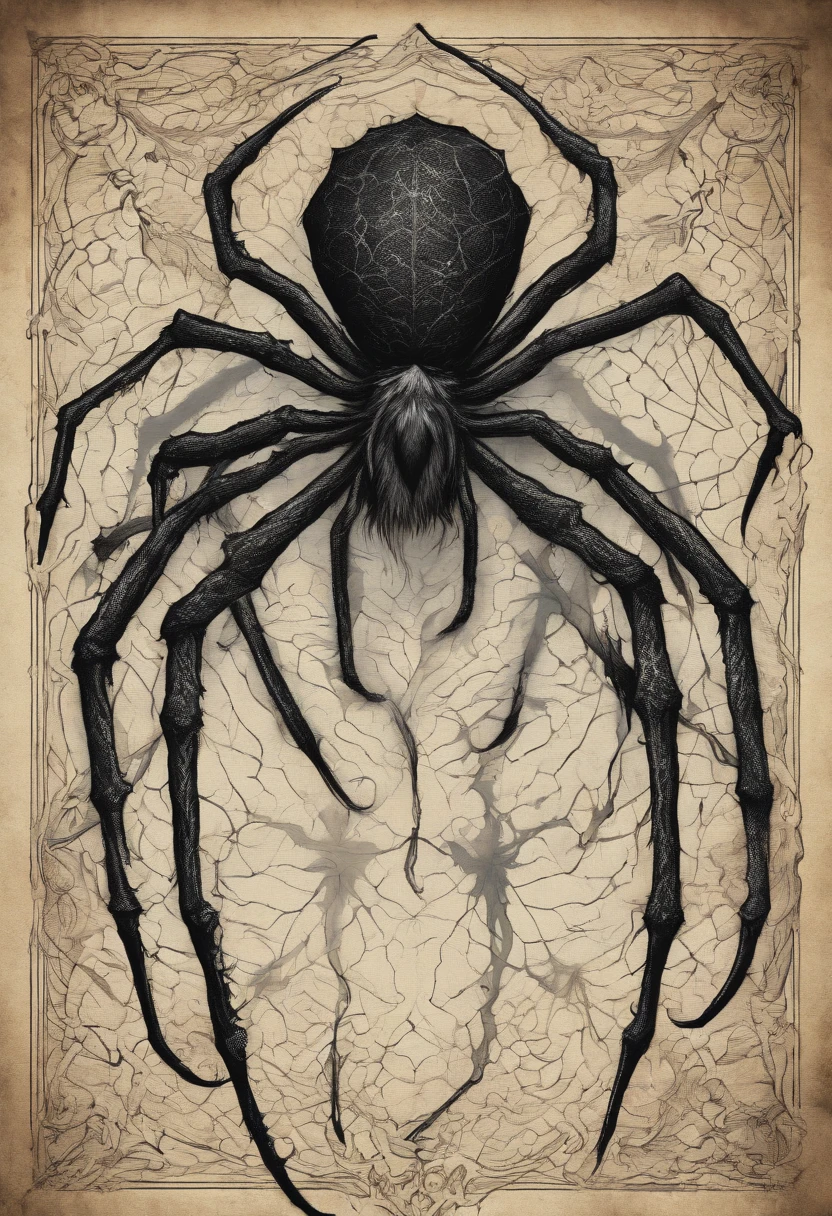 Giant spider creature, venom dripping from it's fangs as it crawls across a tangled weave of interlocking webs