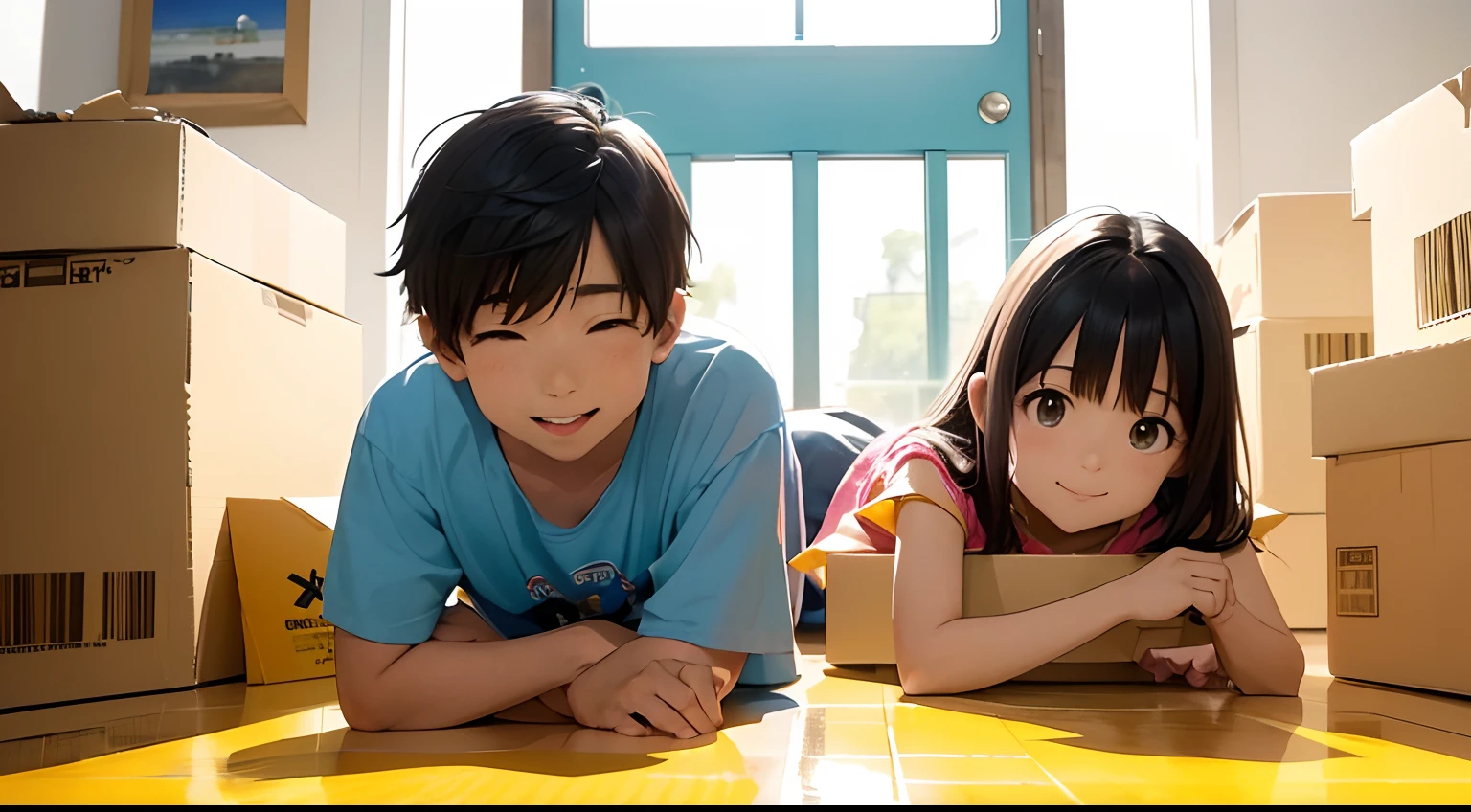 Estilo Pixar,imagem frontal, um dia ensolarado brilhante queo (((Hiroshi, um menino de 10 anos )))e (((Akiko , Her 8--old ter))) Are smiling sitting on the floor side by side to ((( (A huge yellow cardboard box )))) ((( on floor ))), (((do lado de fora, na porta da frente)))) de sua casa, cinemactic, circunstanciado