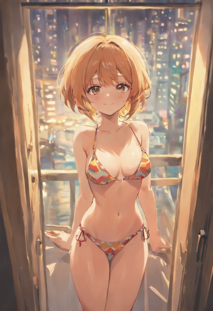 an shiraishi project sekai, 1girl, paizuri, 1boy,  between the breasts, string bikini, in the room, window, sweat, pubic hair, beautiful hair, armpit, from side, profile, teeth, smile, star hair clips