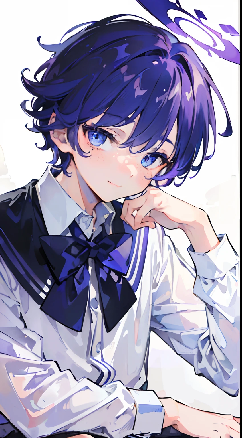 (((masterpiece, best-quality))), ((8k, beast face :1.3)), (1 boy 8 :1.3), (simples background), purple hair, blue eyes, full body, (school clothes, black and white), soft light, colorful art, (boy face, boy body :1.3), smiling, (freckles on cheeks 1.2), angel halo on head top