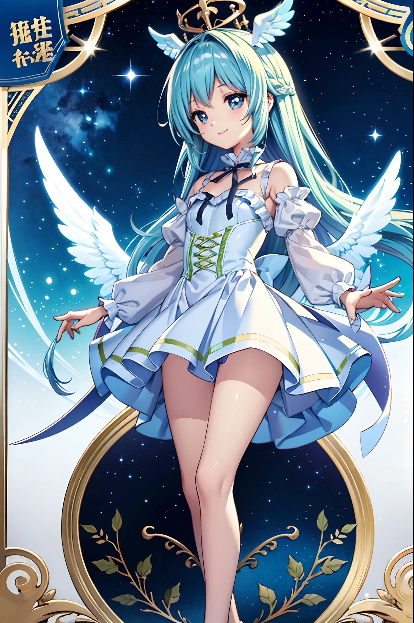 Colorful glowing angel wings、Kawaii Girl、adorable smiling、Light blue long hair、Twin-tailed、Colorful angel leotard、((top-quality))、((​masterpiece))、(ighly detailed、highestdetailed、Official art、Beautifully Aesthetic:1.2)