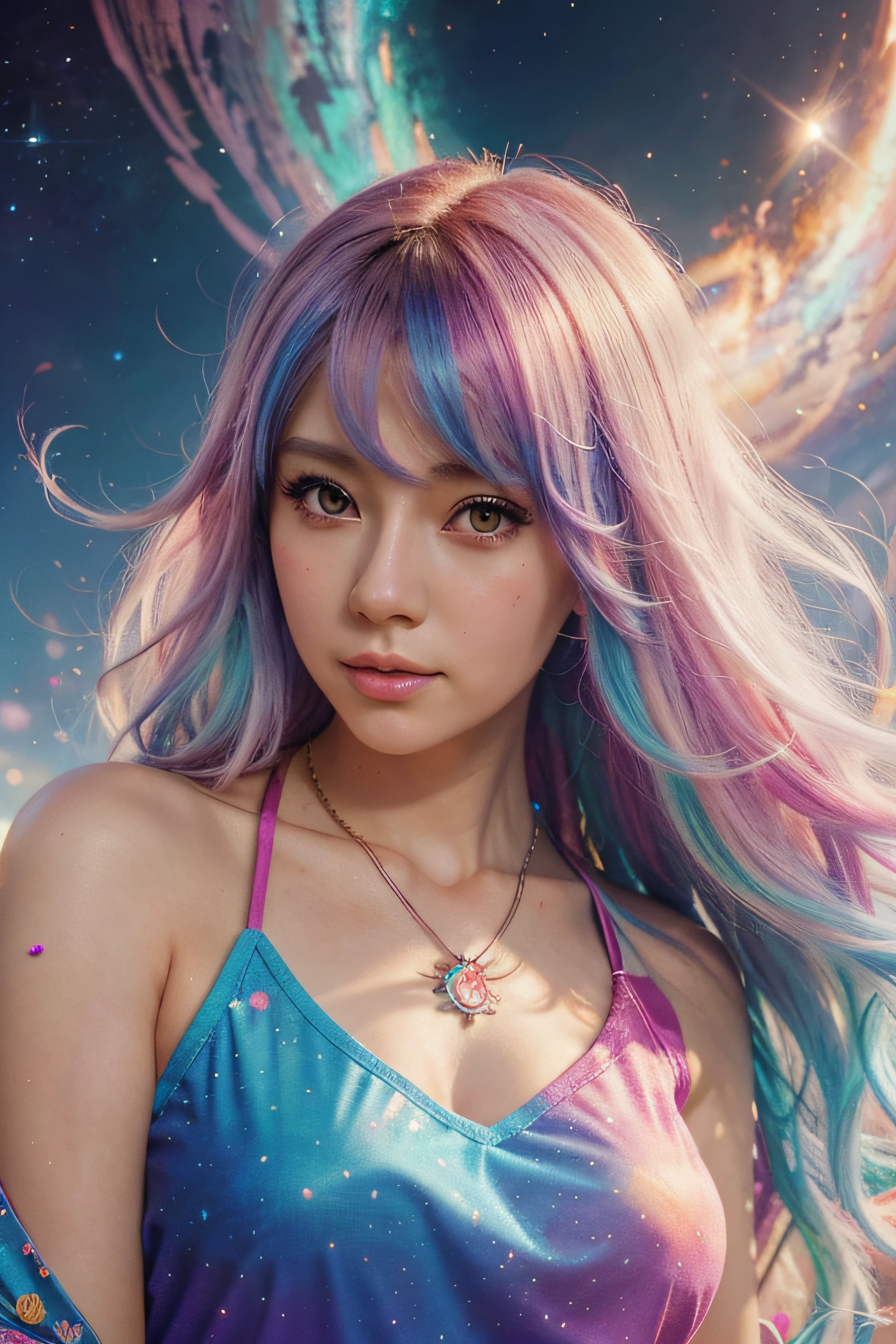 Close-up of a woman with colorful hair and necklace, anime girl with cosmic hair, Rossdraws' soft vitality, Gouvez style artwork, fantasy art style, colorful], vibrant fantasy style, Rossdraws cartoon full of vitality, cosmic and colorful, Guweiz, colorful digital fantasy art, stunning art style, beautiful anime style, white skin, subtle