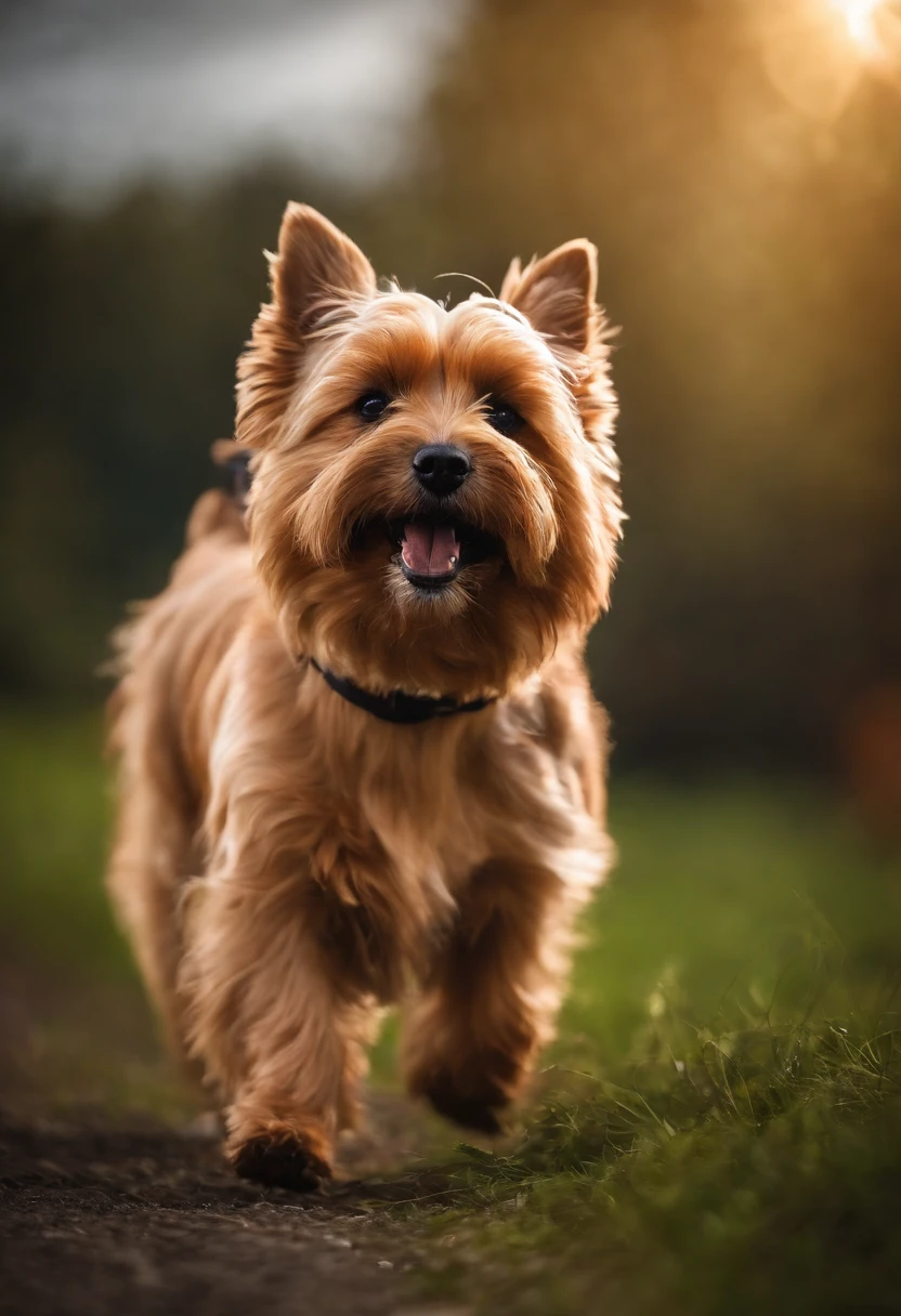 (dog) (Norwich Terrier) (running) (On the Rainbow), (Best Quality, High Resolution), (Colorful, Bright shades), (Playful, Energetic), (Busy Traffic), (Realistic lighting), (Cheerful atmosphere), (Red dog hair with black back), (Rainbow Colorful).