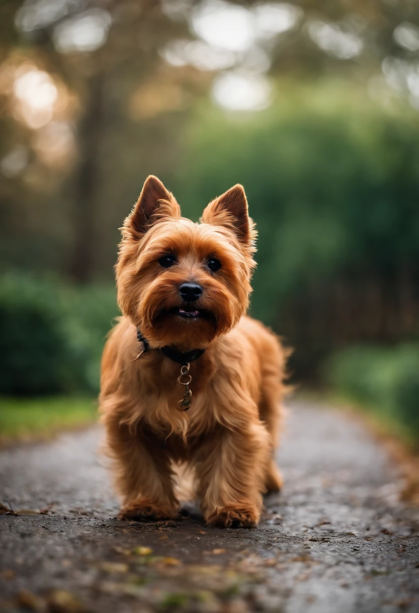 (dog) (Norwich Terrier) (running) (On the Rainbow), (Best Quality, High Resolution), (Colorful, Bright shades), (Playful, Energetic), (Busy Traffic), (Realistic lighting), (Cheerful atmosphere), (Red dog hair with black back), (Rainbow Colorful).