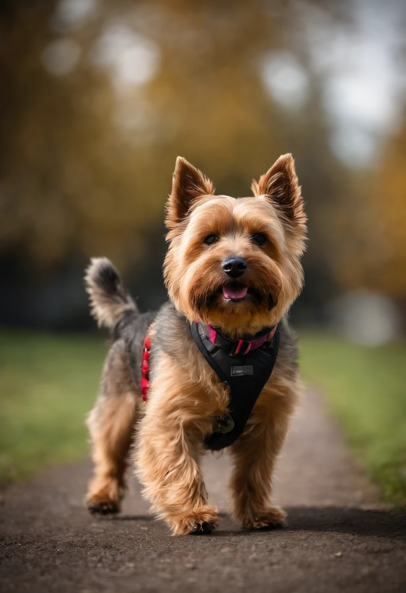(dog) (Norwich Terrier) (running) (On the Rainbow), (Best Quality, High Resolution), (Colorful, Bright shades), (Playful, Energetic), (Busy Traffic), (Realistic lighting), (Cheerful atmosphere), (Red dog hair with black back), (Rainbow Colorful).
