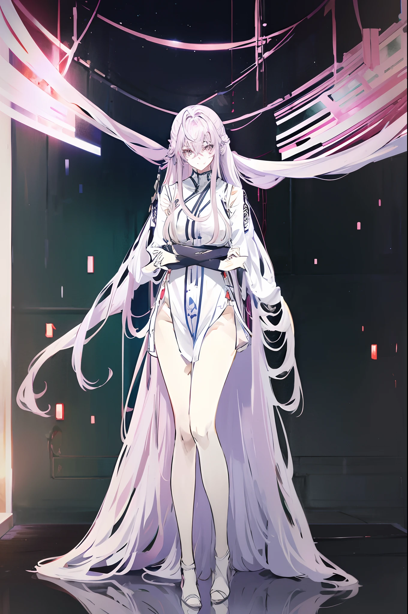 Anime chan tall slender full length pink hair in a bun gray eyes white open dress black tight on the legs heels hands behind the head squatting position leg in front leg sideways interesting look tokyo night city signs street