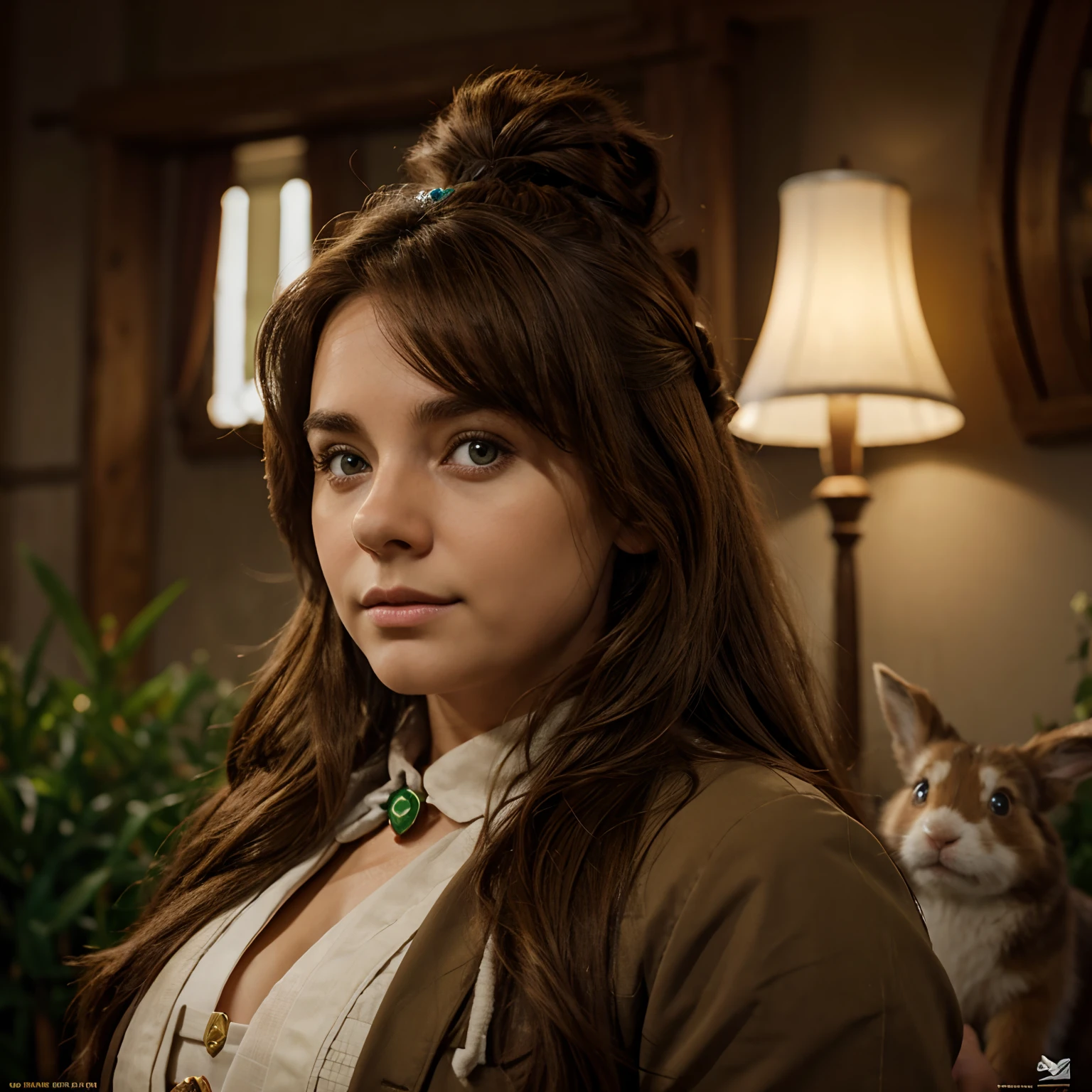 Movie poster of a dwarf rabbit, brown color with a crest on the head. Accompanied by a light brown Australian Shepherd with green eyes, le nez et le front blanc