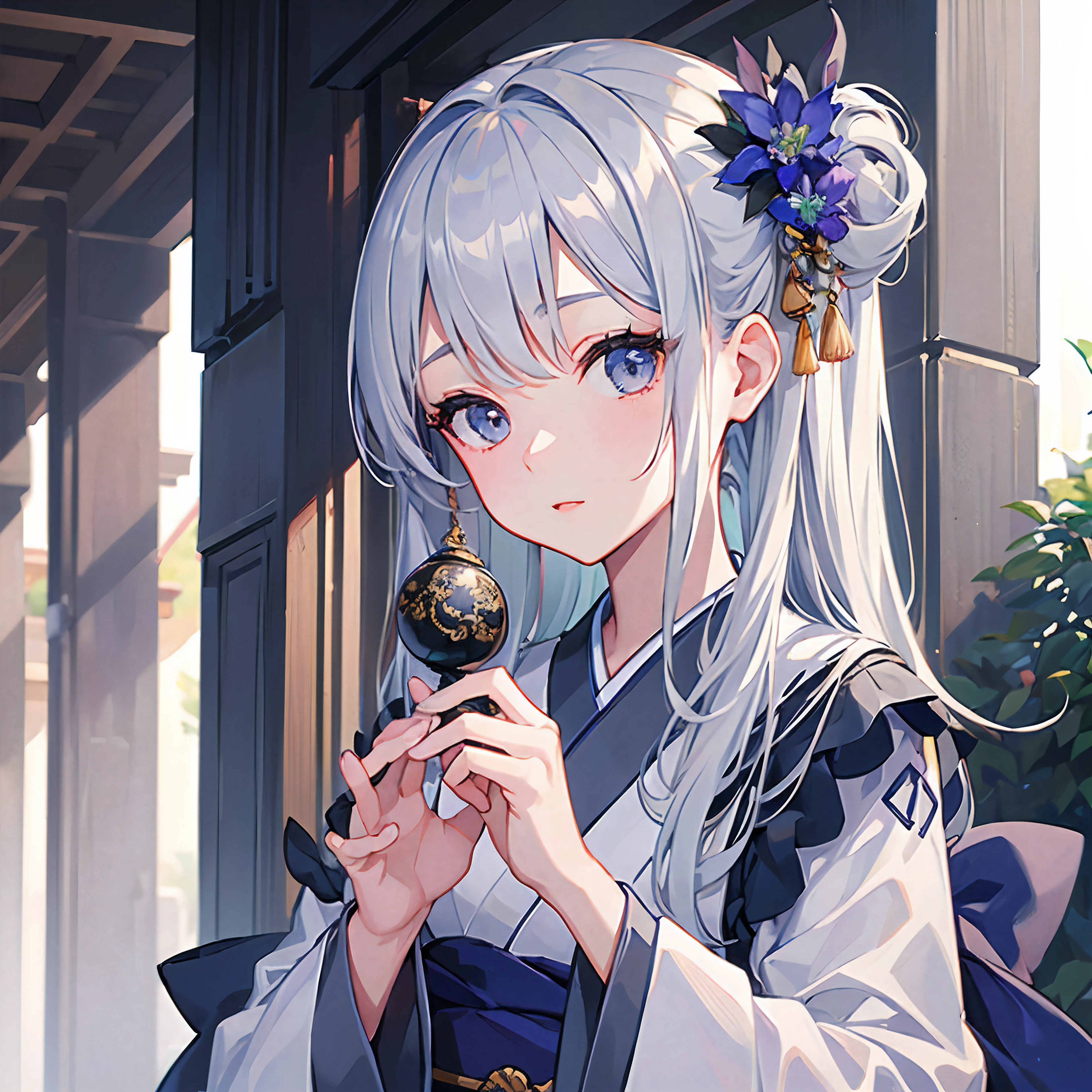(​masterpiece、top-quality:1.3)、1girl in、nice hand、Silver hair, modern kimono dress, up close, upper body, detailed grey eyes