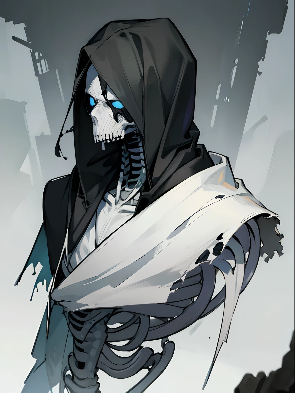 A man with white skin in a black raincoat on the background of a ruined city. A man has a skeleton instead of a body, He wears a black half face mask and hood, Of the human, he has only eyes and the skin around his eyes