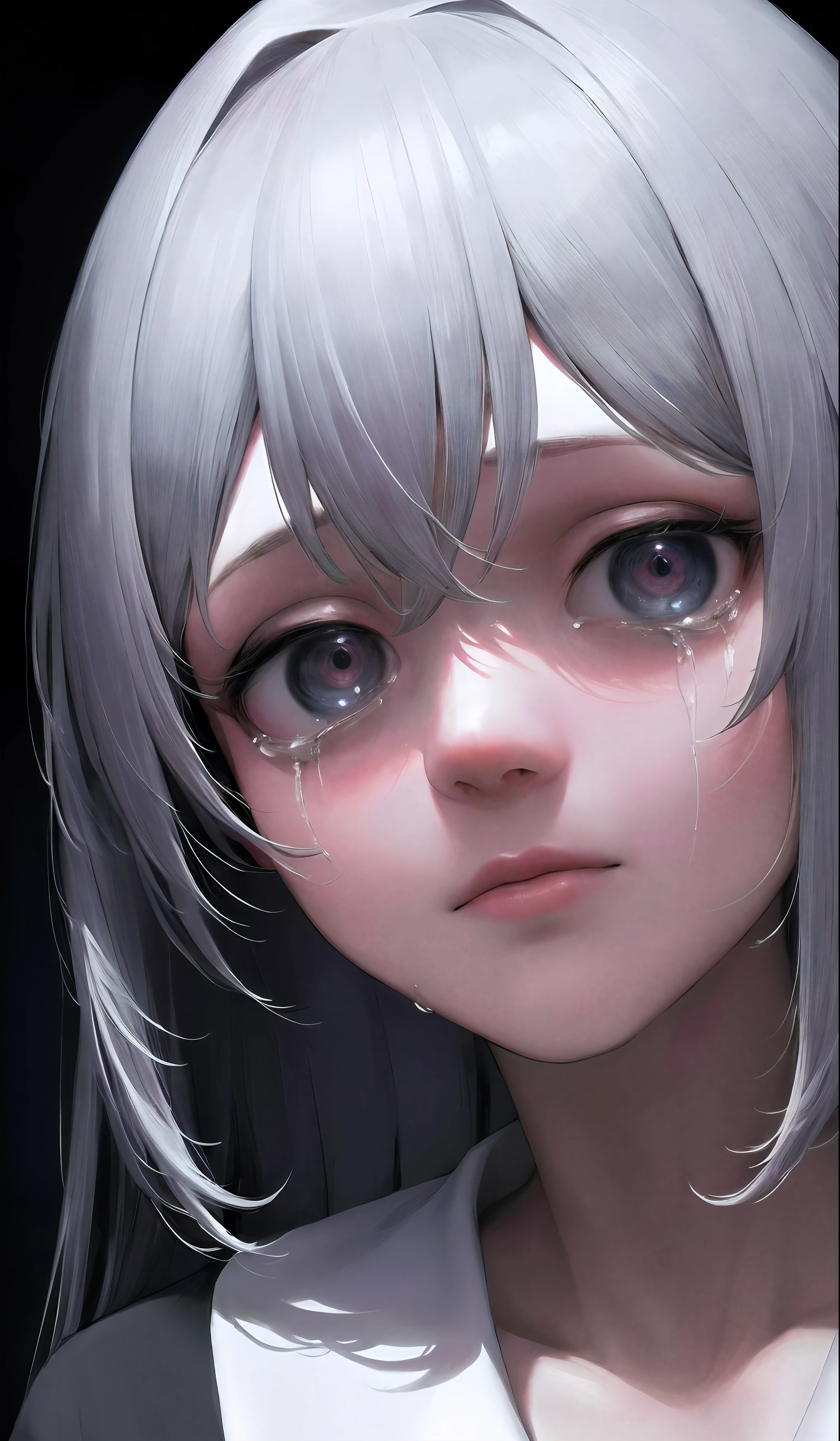(higher resolution, imagen_distinta) La mejor calidad, la obra maestra de una mujer, muy detallados, semi realista, cabello largo blanco,ojos negros oscuros hiper detallados,(la mayor parte del cuerpo), llorando,with tears, abrazodos, llorando, triste, (fondo pastel oscuro),con sus manos al frente de su rostro, resando llorando, looking at the viewer like this, cabello largo, tapando su rostro llorando, solitaria,