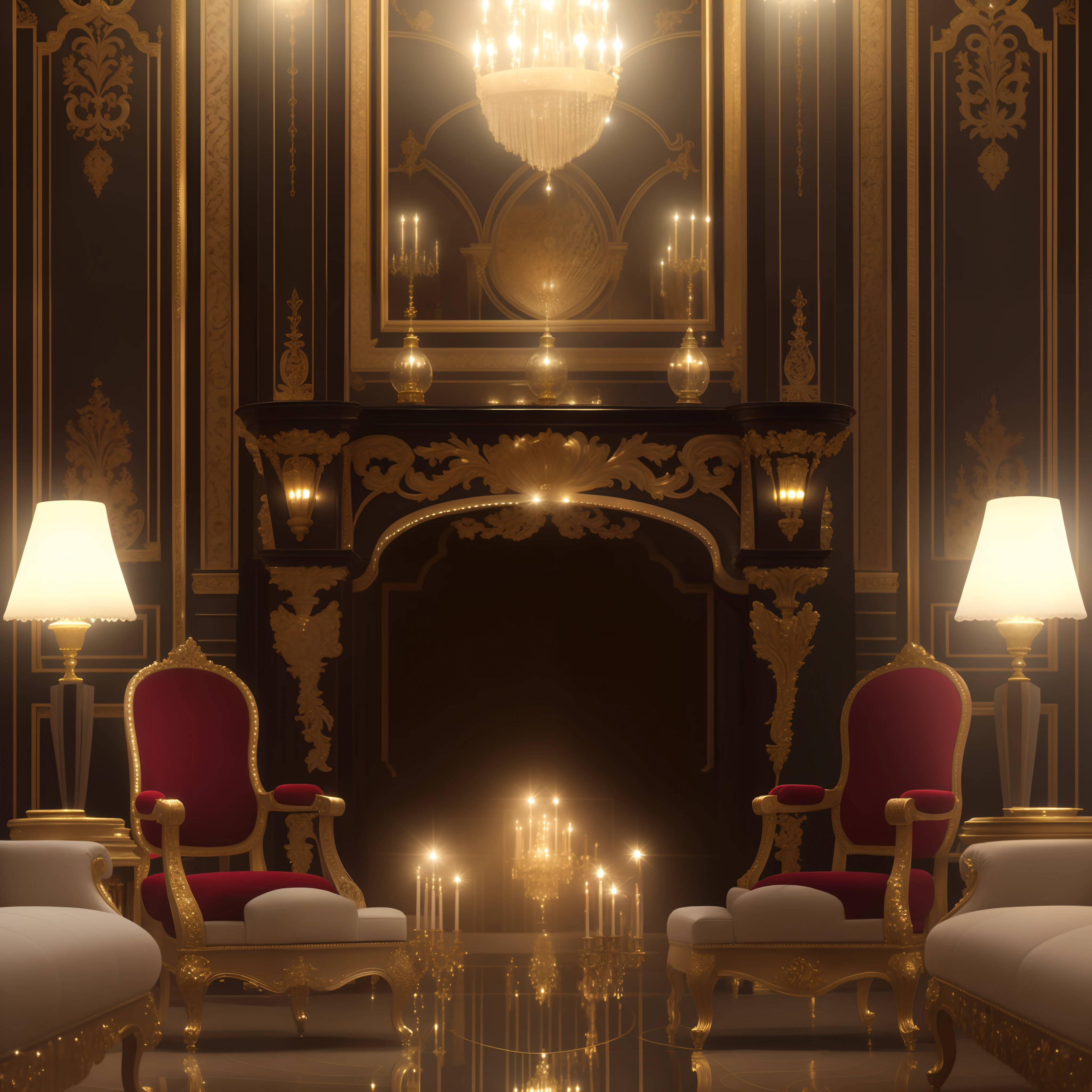 Grand Ballroom with Large Staircase, The walls are covered with intricate metalwork details and illuminated with sparkling chandeliers.. The space is filled with luxurious velvet seating and gilded accents., Monochrome, ratio, face lights, reflection light, Light Effects,