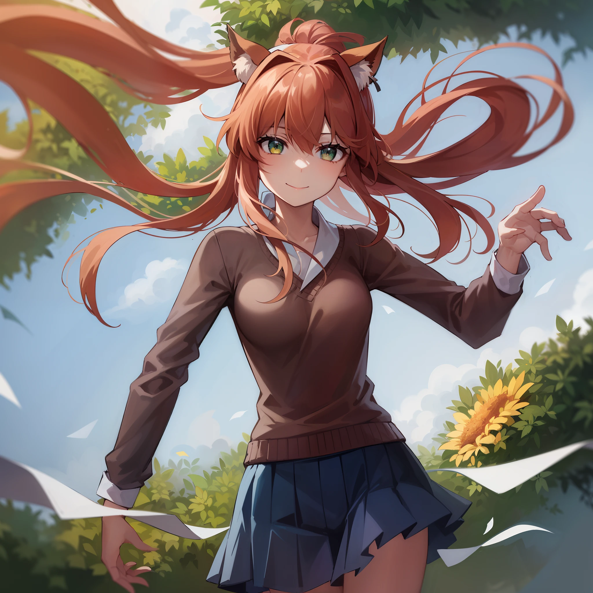 2d, obra maestra, mejor calidad, anime, muy detallado, tiro de vaquero, 1 girl in, solo, monika, ojos verdes, pelo muy largo, cola de caballo, uniforme escolar, sentada, recto, sonrisa, fondo blanco, Paradise Background