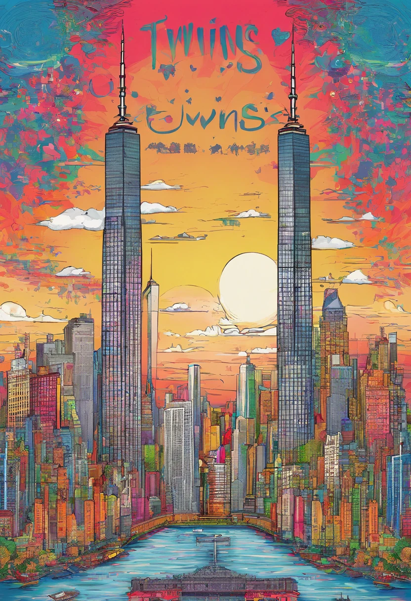 New york city twin towers with the decorated title 'Twins' in the middle
